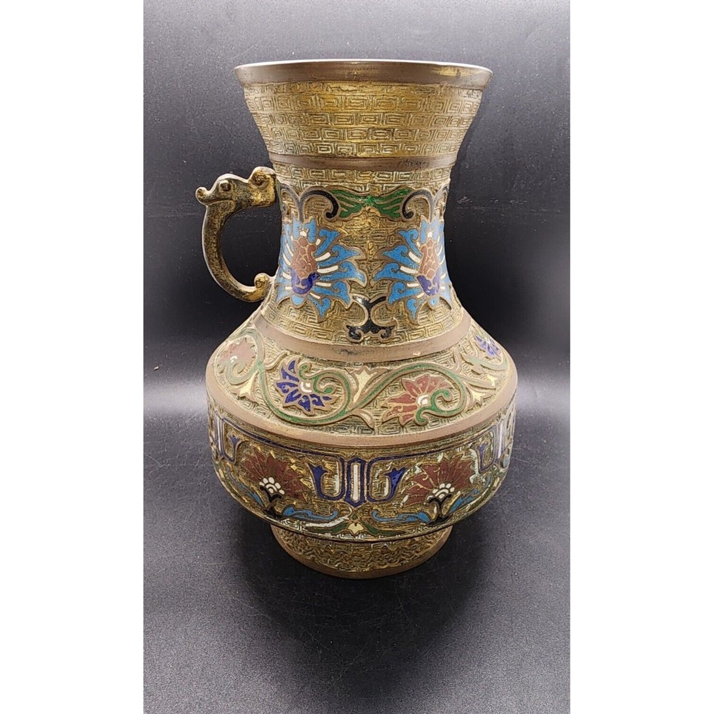 Vintage Heavy Brass Japanese Inlaid Cloisonné Missing 1 Handle Vase Made Japan - Picture 5 of 14